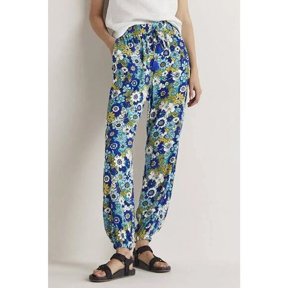 Boden Pants - Boden Crinkle Tapered Trousers Blue Floral Pull On Pants Tassel Women's Size 6